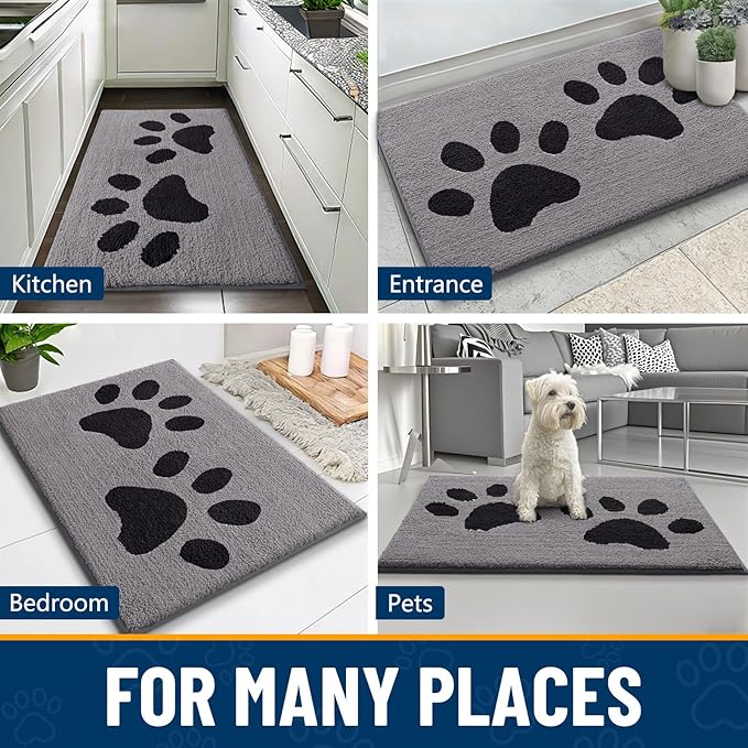 Smiry Dog Door Mat for Muddy Paws, Absorbs Moisture and Dirt, Low-Profile Entryway Mat with Non-Slip Backing, Entry Indoor Outdoor Doormat for Inside Floor (59x35 Inches, Grey, Paw)