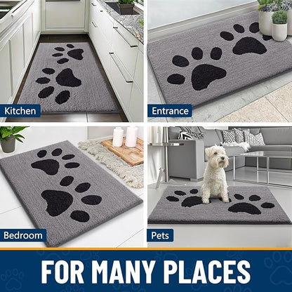 Smiry Dog Door Mat for Muddy Paws, Absorbs Moisture and Dirt, Low-Profile Entryway Mat with Non-Slip Backing, Entry Indoor Outdoor Doormat for Inside Floor (59x35 Inches, Grey, Paw)
