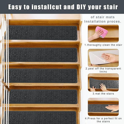 15Pcs Stair Treads for Wooden Steps With Self Adhesive, 8"x30" Non Slip Stair Runners-Peel & Stick Indoor Stair Carpet Runner, Resistant Runner for Kids, Elders and Pets, Black