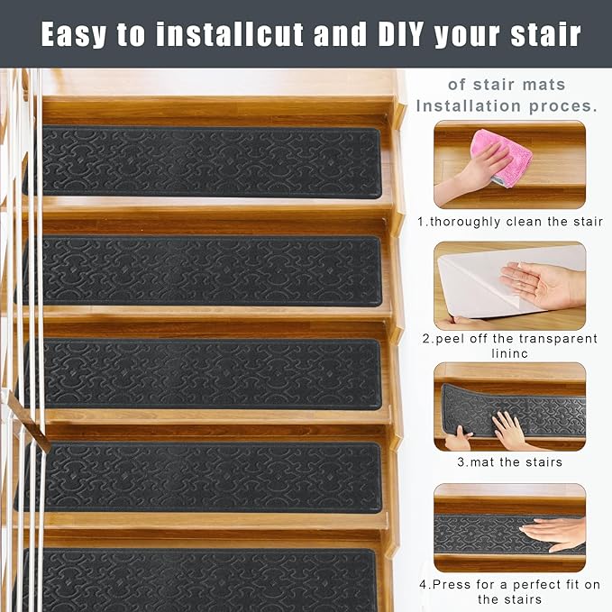 4Pcs Stair Treads for Wooden Steps Indoor with Self Adhesive, 8"x30" Non Slip Stair Runners-Peel & Stick Indoor Stair Carpet Runner, Resistant Indoor Runner for Kids、Elders and Pets,Black
