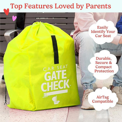 J.L. Childress Gate Check Travel Bag for Car Seats - Car Seat Travel Bag for Airplane, Includes AIRTAG Holder, Fits All Baby Car Infant Carriers & Child Booster Seats - Neon Yellow