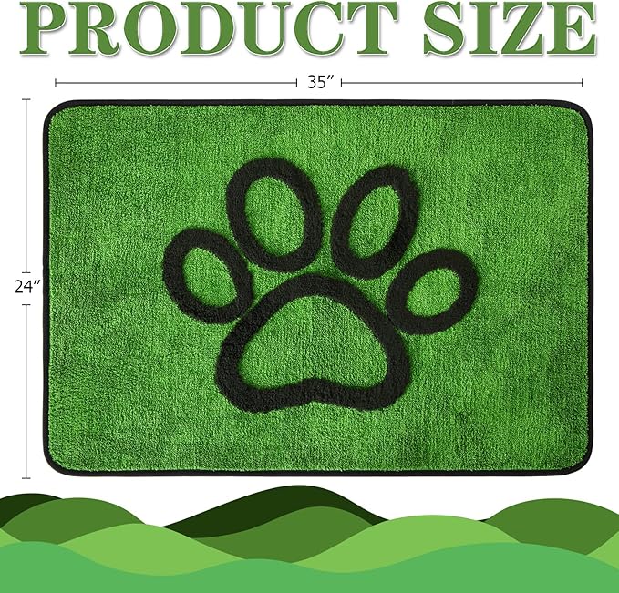 Qeils Dog Door Mat for Muddy Paws 35x24, Absorbs Moisture and Dirt, Absorbent Non-Slip Washable Dog Rug, Mud Mats for Dogs, Entry Indoor Door Mat for Inside Floor, Green