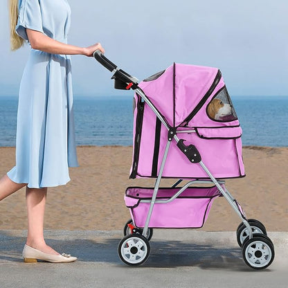 4 Wheels Pet Stroller Waterproof,Travel Stroller for Small Medium Dogs & Cats,Easy Fold with Removable Liner,Storage Basket,Pink