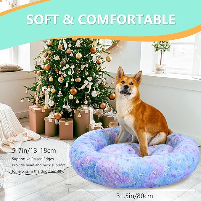 31 Inch Christmas Snowflakes Calming Dog Bed for Medium Dogs, Round Anti-Anxiety Warm Bed, Soft Cozy Anti-Slip Donut Washable Pet Bed, Fits up to 50 lbs Pets