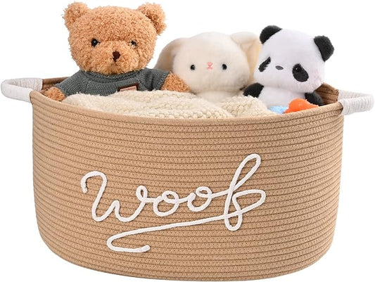 Woof Dog Toy Basket, Large Dog Toy Storage Bin with Durable Handles, Woven Dog Basket for Blankets, Toys, Chews, Pet Toy Storage Box for Nursery, Living Room, Bedroom, 17”x12”x9, Beige