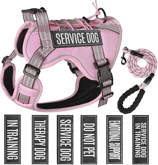 Service Dog Tactical Vest Harness and Leash Set Medium Sized Dog Emotional Support- Tactical Dog Harness Training Collar with Name (Pink, S)