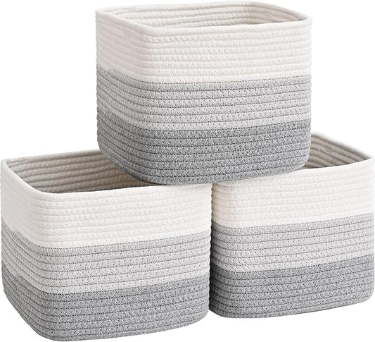 3 Pack Cube Storage Bin, 9”x9”x7” Cotton Rope Woven Baskets for Organizing Toys Clothes Towels, Square Gift Storage Baskets for Shelves, Nursery, Closet, Bathroom, Pantry (3-Tone Gray)