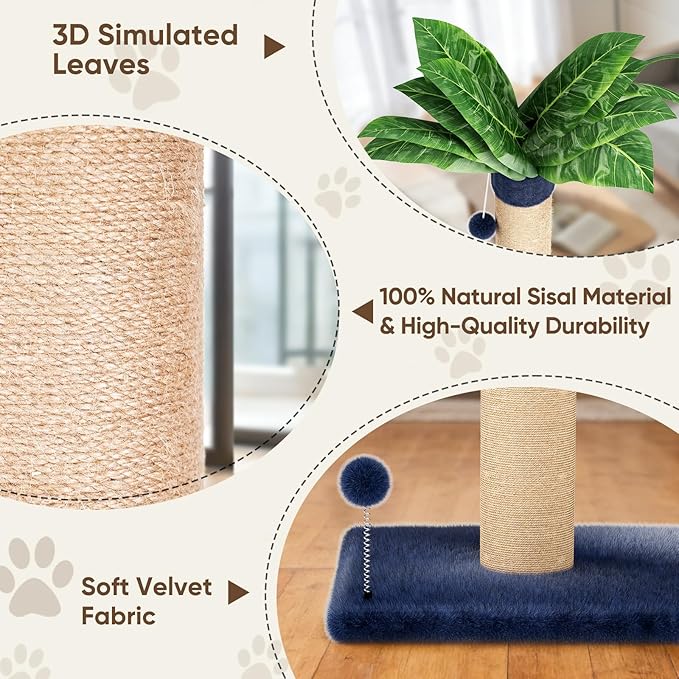 XiaZ Cat Scratching Post 34 Inches Tall, Cat Tower Scratcher Extra Wide 15.8" Stable Base with 2 Interactive Balls, Premium Natural Sisal & Plush Fabric for Small, Medium Large Cats (Navy Blue, 4.5in)