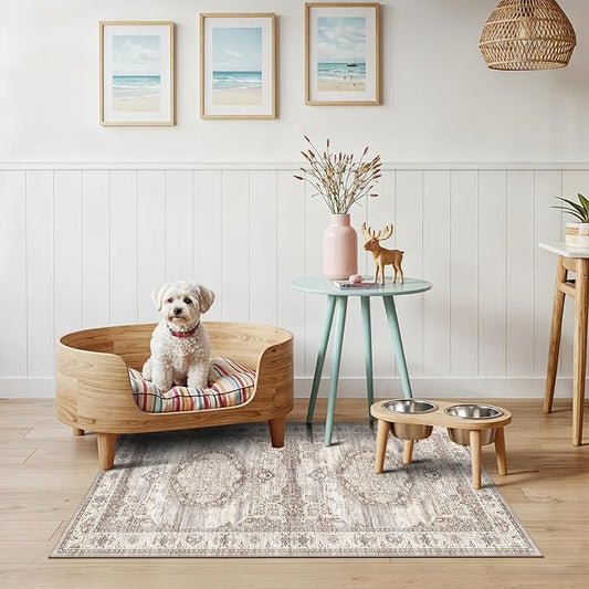 Washable 2x4 Entryway Area Rugs: Ultra Soft Low Pile Nursery Kitchen Carpet Indoor Light-Weight Doormat Anti-Slip Thin Entry Rug for Living Room Bedroom Small Vintage Floor Mat(2x4,Beige)