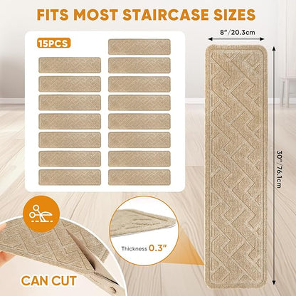 15 Pack 8 "X 30" Non Slip Stair Treads for Wooden Steps, Carpet Stair Treads Made of Polyester and Reusable Adhesive, Stair Runner Rugs for Kids, Elders and Dogs Pets (Beige)