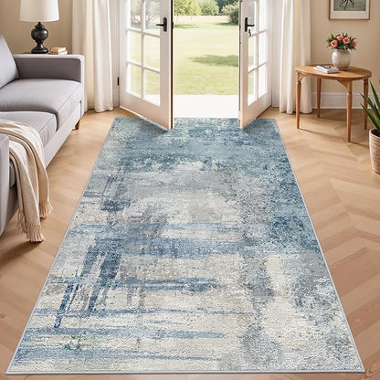 Modern Abstract 4x8 Area Rug: Wide Rugs for Living Room, Bedroom - Machine Washable Non-Slip Soft Carpet - Pets Friendly Low Pile Floor Covering for Home 4x8 Blue