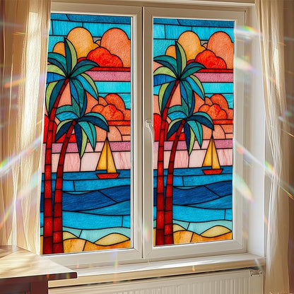 Summer Beach Palm Trees Window Cling 18 x 39 Inch Stained Glass Decorative Privacy Film PVC Sailboat Ocean Sunset Glass Panel Vertical Home Decor