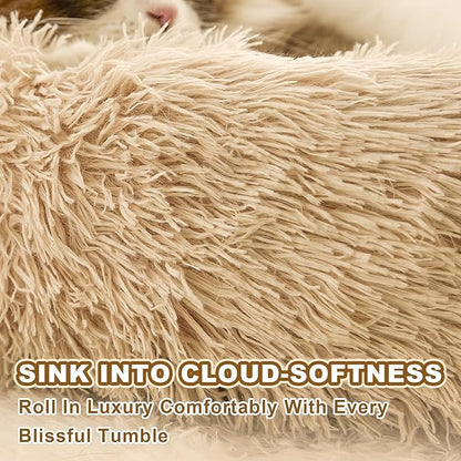 Jiupety Paw Shape Calming Pet Bed, Plush Faux Fur Donut Bed for Dogs & Cats, Machine Washable, Non-Slip Bottom, Medium (22"×22"×6"), Camel