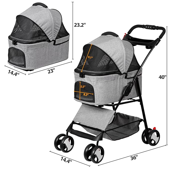 4 Wheels Dog Stroller Folding Pet Strolling Cart for Small Medium Cats Puppies with Storage Basket Cup Holder Detachable Carrier, Gray