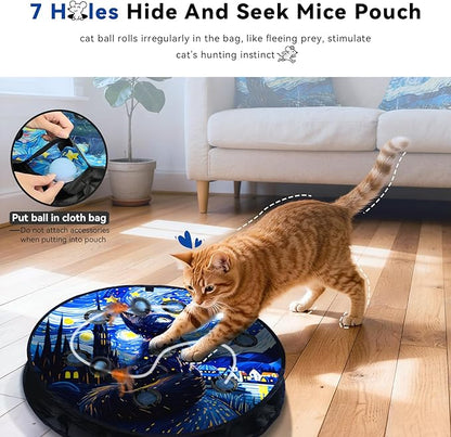 Interactive Cat Toy with Motion Activated Ball & 7-Hole Play Mat, Hide and Seek Exercise Game for Indoor Cats, Automatic Moving Cat Ball in Pouch, Rechargeable Kitten Toys (Starry Night)