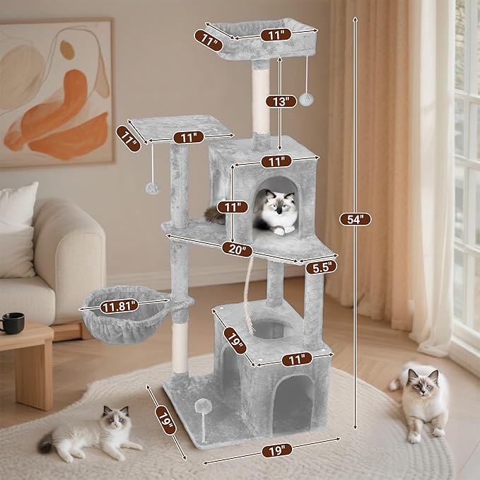 Cat Tree, 54-Inch Cat Tower for Indoor Cats, Soft Plush Multi-Level Climbing Cat Condo with Scratching Posts, Basket, Perches,2 Caves,2 Pompoms Play House for Cat (Light Grey01)