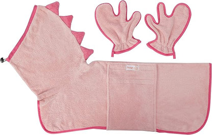 Pawyee Super Soft Fast-Drying Dog Towel Set for Cold Weather, Beach, Pool - Adjustable Microfiber Bath Robe with Drying Gloves for Cats and Dogs (Large, Pink Dino)