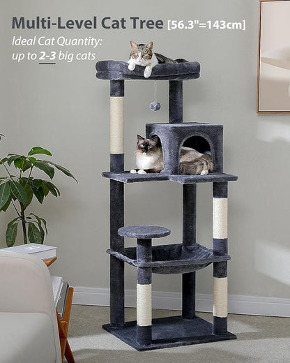 MUTTROS Cat Tree for Large Cats with Metal Plush Big Hammock, 56.3" Cat Tower for Indoor Cats with 2 Door Condo House, 6-Tier Cat Shelves with Scratching Posts and Large Top Perch, Dark Gray