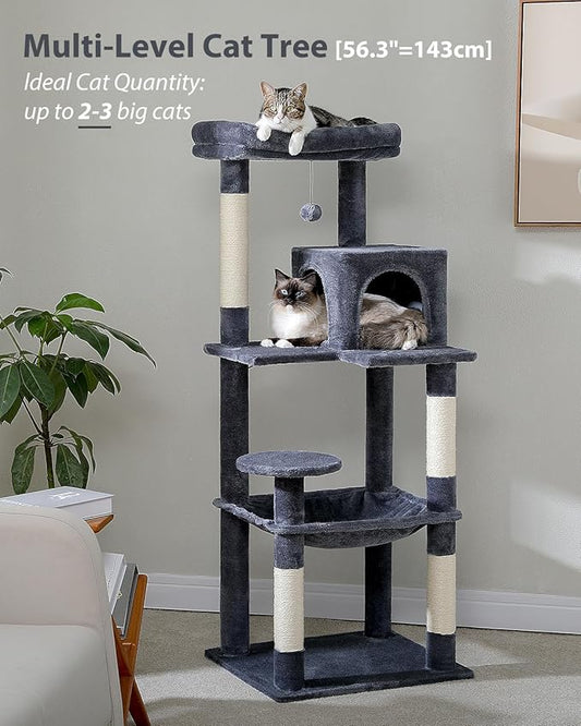 MUTTROS Cat Tree for Large Cats with Metal Plush Big Hammock, 56.3" Cat Tower for Indoor Cats with 2 Door Condo House, 6-Tier Cat Shelves with Scratching Posts and Large Top Perch, Dark Gray