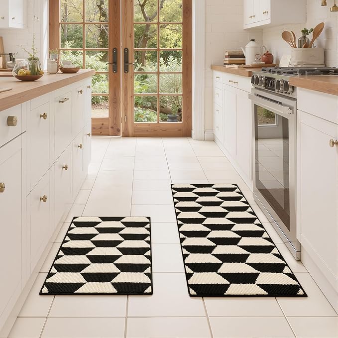 GRANNY SAYS Kitchen Rugs 2 Piece Non Skid Washable Absorbent Resist Dirt Kitchen Mats for Floor, Comfort Standing Mats Front of Sink Rugs Durable Polypropylene 47" x 20" + 32" x 20", Black