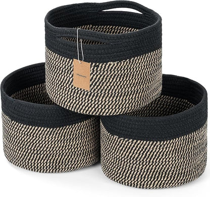 Small Rope Baskets for Storage, Baskets for Gifts Empty, Cute Round Woven Basket, Decorative Shelf Baskets 9.82×9.82×7.1", Cotton Toy Basket Storage Bins for Organizer 3 Packs-Brown+Black