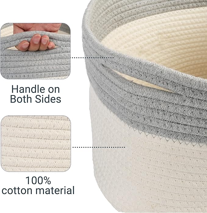PrimePets Cotton Rope Dog Toy Basket, Small Basket with Handles, Woven Storage Bin for Dogs Pets, 15x10x9 inch Pet Basket Container Holder for Toys, White and Grey