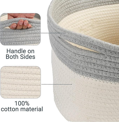 PrimePets Cotton Rope Dog Toy Basket, Small Basket with Handles, Woven Storage Bin for Dogs Pets, 15x10x9 inch Pet Basket Container Holder for Toys, White and Grey