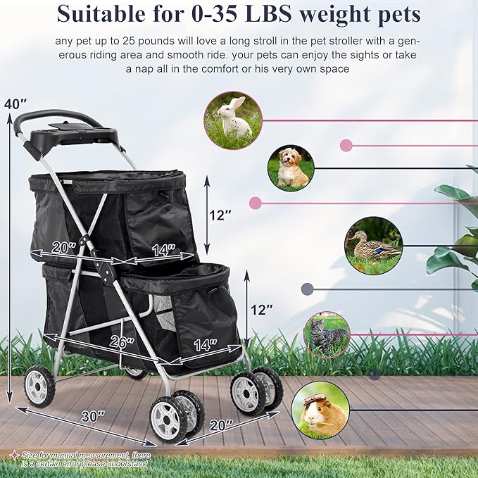 TTY Store Best 4 Wheels Pet Stroller Double Decker Seats Foldable Jogge for Small Medium Dogs & Cats or Other Kitten Puppy Travel Cage w/Cup Holders Removable Liner, Black, 30 x 20 x 40 Inch