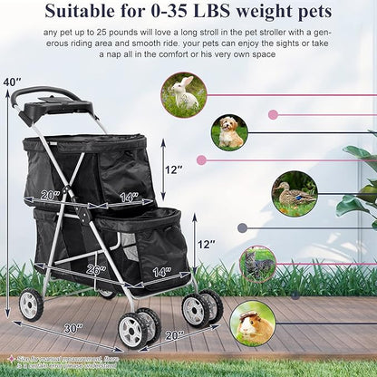 TTY Store Best 4 Wheels Pet Stroller Double Decker Seats Foldable Jogge for Small Medium Dogs & Cats or Other Kitten Puppy Travel Cage w/Cup Holders Removable Liner, Black, 30 x 20 x 40 Inch