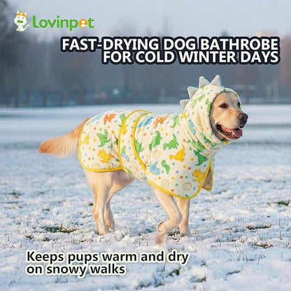 LovinPet 3‑in‑1 Dog Warm Winter Coat & Bathrobe, Hooded Dinosaur Fleece, Lightweight High‑Loft, Absorbent Knit,Quiet Hook‑and‑Loop, Wind‑Blocking Edges, Dog Robes for Medium & Large Dogs, Yellow,2XL