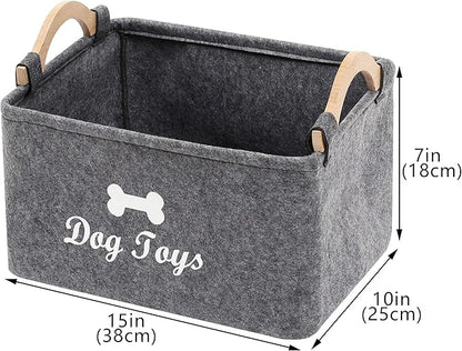 Geyecete Dog Toys Storage Bins - with Wooden Handle, Collapsible Pet Supplies Storage Basket Pet Supplies Storage Basket/Bin Kids Toy Chest Storage Trunk (Grey)