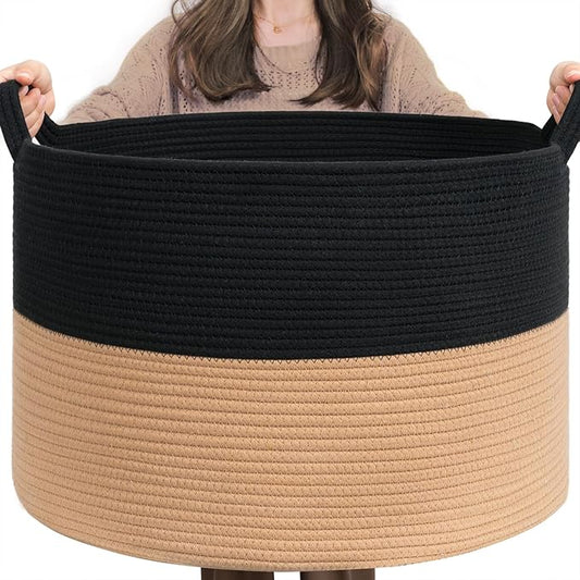 INDRESSME XXXLarge Cotton Rope Basket Woven Baby Laundry Basket Blanket Baskets Toy Baskets with Handle Comforter Cushions Storage Bin Thread Laundry Hamper - 21.7" x 21.7" x 13.8"