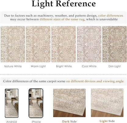Beige Runner Rug 3x8 Washable Neutral Hallway Kitchen Carpet Vintage Non Slip Indoor Low Pile Soft Thin Retro Floral Accent Throw Long Rug for Bathroom Office Laundry Dining Living Room