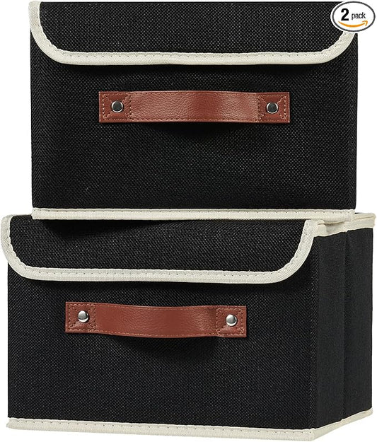 2PCS Storage Boxes with Lid Cotton Linen Fabric Storage Bins Organizer Container Decorative Collapsible Washable Shelf Closet Baskets Faux Leather Handles Home Bedroom (Black, Small Size)