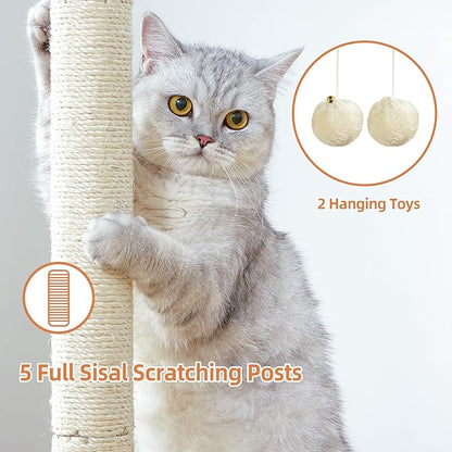 Cat Tree Tower Scratching Post for Indoor Large Cats, Small Cat Tree with Big Perch Bed, 28in Tall Trees House with Condo Cave, Toy Balls, Modern Climbing Furniture Platform for Kitten (Beige)