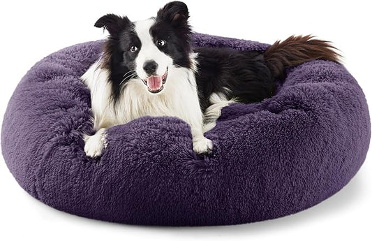 Bedsure Calming Dog Beds Large Sized Dog - Donut Washable Large Pet Bed, 36 inches Anti-Slip Round Fluffy Plush Faux Fur Dogs Bed, Fits up to 80 lbs Pets, Purple