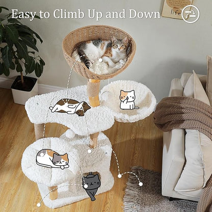 PETEPELA 48.5" Modern Cat Tree for Large Cats, Natural Solid Wood Cat Tower with Big Rattan Basket, Cozy Condo & Flower Cat Tree with Large Hammock for Indoor Cats, Kittens