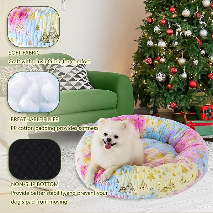 23 Inch Christmas Tree Calming Dog Bed for Small Dogs Cats, Kitty Puppy Round Anti-Anxiety Warm Bed, Soft Cozy Anti-Slip Donut Washable Pet Bed, Fits up to 30 lbs Pets