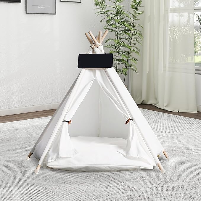 Pet Tent/Tipi for Cats & Dogs - Washable Canvas, Foldable Pet Teepee with Anti-Slip Base & Detachable Cushion | Indoor/Outdoor Safe Shelter for Pets Up to 66lbs-White-M