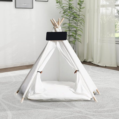 Pet Tent/Tipi for Cats & Dogs - Washable Canvas, Foldable Pet Teepee with Anti-Slip Base & Detachable Cushion | Indoor/Outdoor Safe Shelter for Pets-White-L