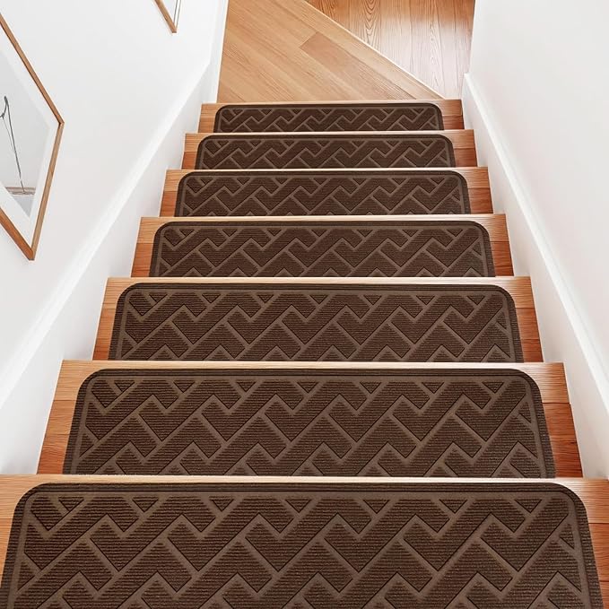 15 Pack 8 "X 30" Non Slip Stair Treads for Wooden Steps, Carpet Stair Treads Made of Polyester and Reusable Adhesive, Stair Runner Rugs for Kids, Elders and Pets (Brown)