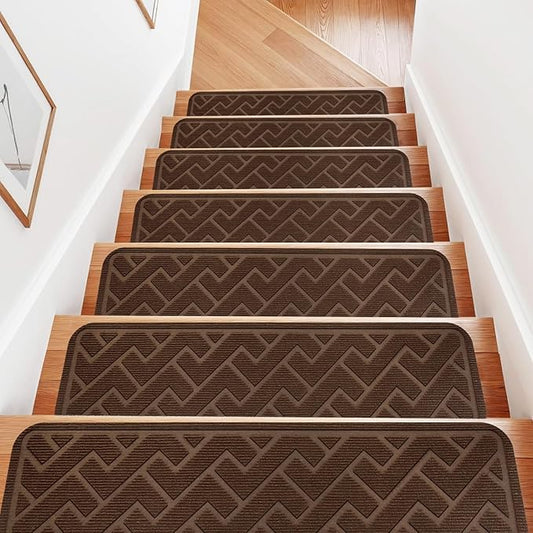 15 Pack 8 "X 30" Non Slip Stair Treads for Wooden Steps, Carpet Stair Treads Made of Polyester and Reusable Adhesive, Stair Runner Rugs for Kids, Elders and Pets (Brown)
