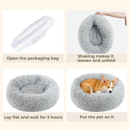 Calming Anti-Anxiety Donuts Dog And Cat Bed, Round Fluffy Soft Washable Pet Bed For Small Medium Dogs And Cats, Cuddler Warming and Comfortable Cushion, Luxury Anti-Slip Waterproof Mute Base 24in Gray