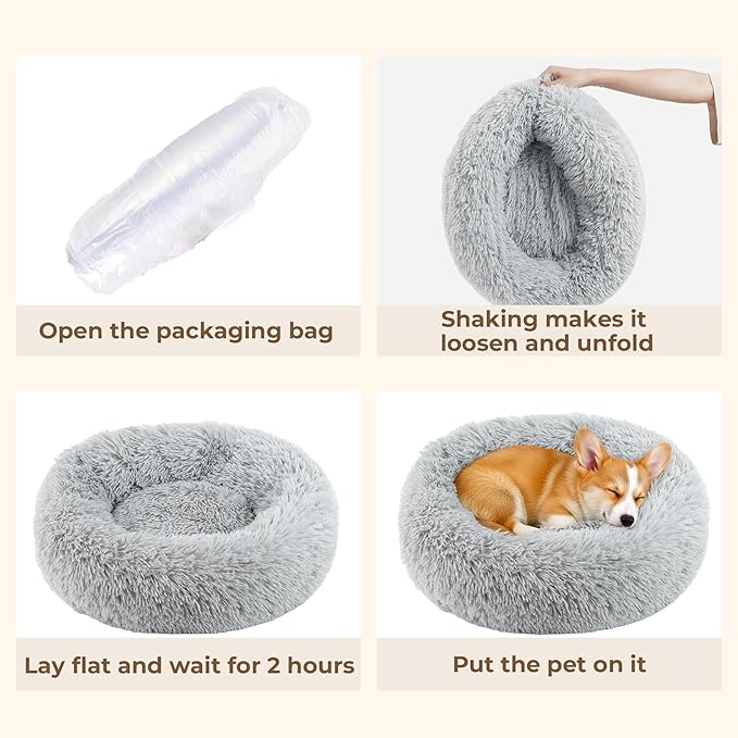 Calming Anti-Anxiety Donuts Dog And Cat Bed, Round Fluffy Soft Washable Small Medium Pet Bed For Puppy And Kitten, Cuddler Warming Comfortable Cushion, Luxury Anti-Slip Waterproof Mute Base 28in Gray