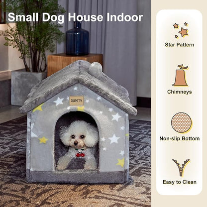 JIUPETY Cute Small Dog House Indoor, Foldable House Kennel Bed Mat with Cushion, L Size Dog Tent for 15-20 lb Dogs and 18-22 lb Cats, Dog Cave Bed with Non-Slip Bottom, Grey