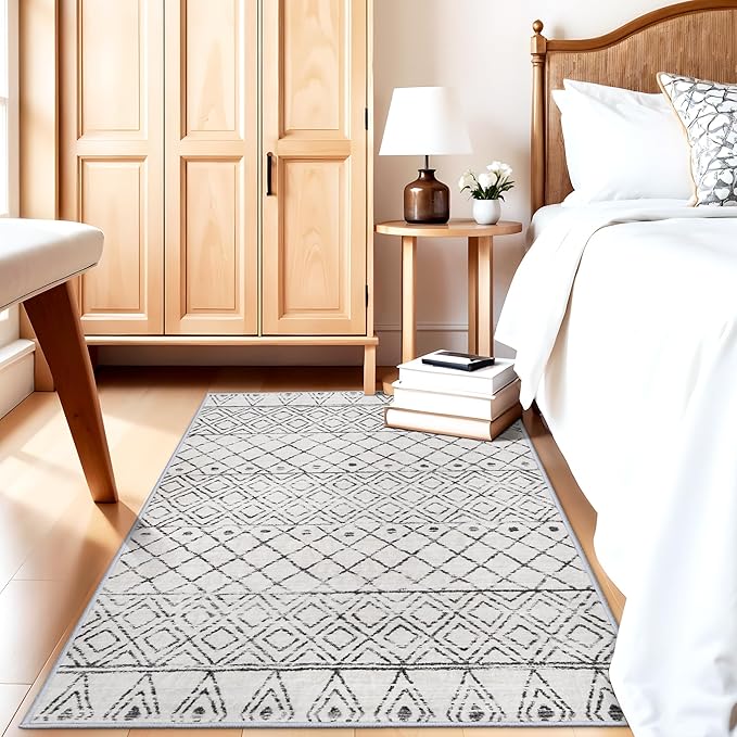 3x5 Washable Moroccan Area Rug: Ultra Soft Low Pile Non-Slip Rugs - Modern Geometric Printed Indoor Floor Carpet for Living Room Bedroom Entryway Kitchen Home Decor 3x5 Geo Grey