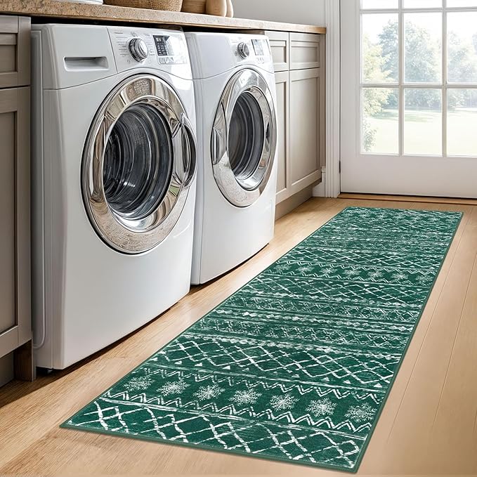 KUTA Spring Washable Hallway Runner Rug, 2x6 Non-Slip Vintage Boho Rugs Kitchen Runners Green Ultra Soft Distressed Geometric Floor Carpet for Bedroom Laundry Living Room