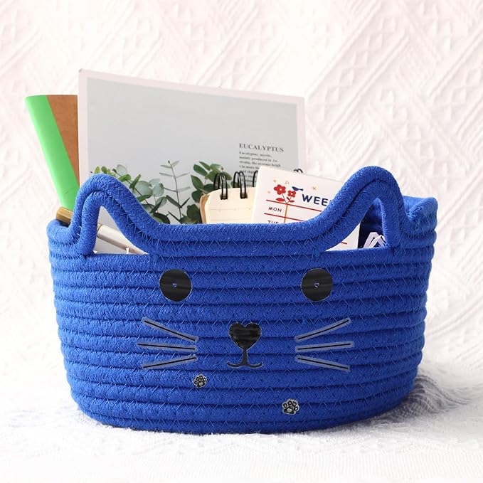 Zopeal Cat Basket Storage Woven Organizer with Ears Easter Decorative Pet Toy Cute Cotton Rope Basket for Gift Cat Dog Toy Bin Nursery Room(8.3 x 4.7 Inch,Royal Blue)
