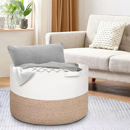 115L Super Large Blanket Basket, 23.6"x15.7" Oversized Cotton Rope Woven Basket for Toys, Towels, Shoes, Laundry, XXXL Jumbo Storage Bin for Blankets for Living Room, Toy Organizer, Brown