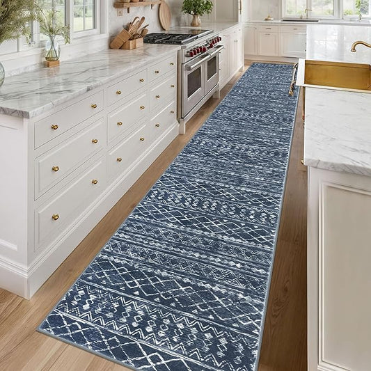 KUTA Boho Runner Rug for Hallway 2.6x16 Moroccan Washable Navy Blue Rugs Non-Slip Vintage Long Kitchen Runners Soft Geometric Floor Carpet for Bedroom Laundry Living Room